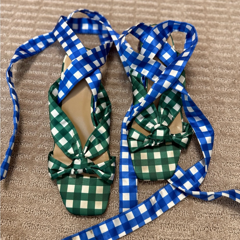 ANN TAYLOR Green and Blue Checkered Sandals